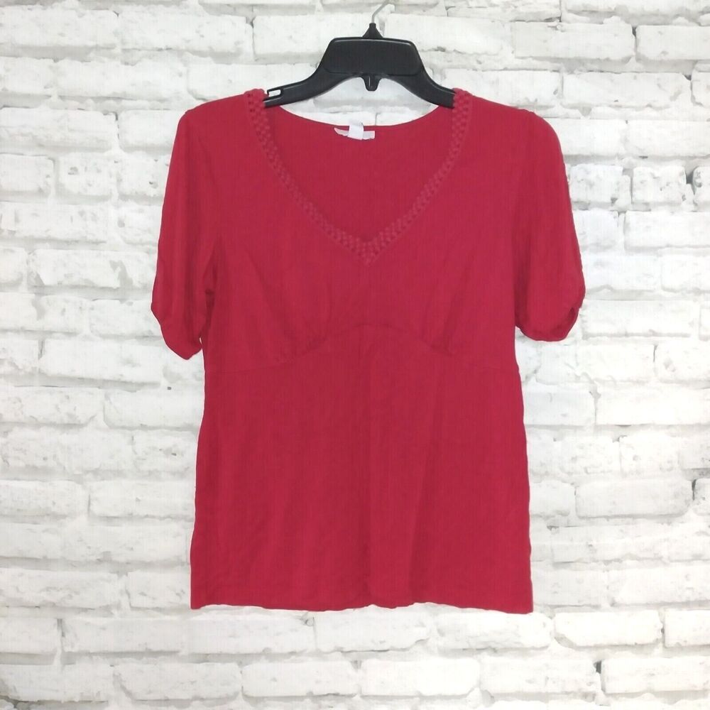 Charter Club Top Womens Small  Solid Red Short Sleeve V Neck Crochet Blouse